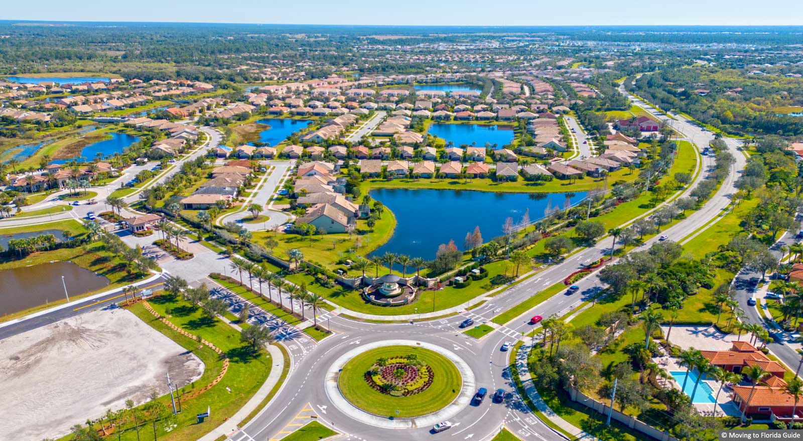 Aerial view of Sarasota homes with colorful tile roofs and water views